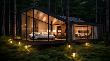  Modern cabin house in deep forest
