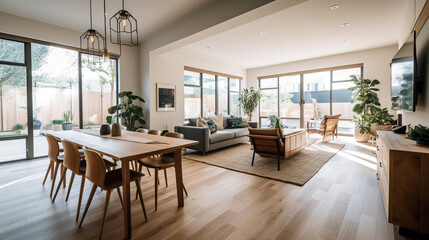 Stylish and botany interior of dining room with design craft wooden table