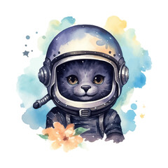 cute astronaut black panther cartoon in watercolor painting style