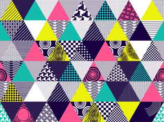 Poster - Seamless background with textured multicolored triangles. Dots, stripes, circles, squares, zigzags, CMYK colors