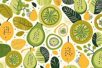  kiwifruit and leaves pattern, in the style of anime aesthetic, clean and simple designs. Generative ai