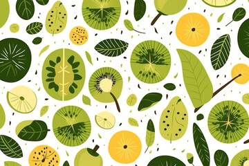  kiwifruit and leaves pattern, in the style of anime aesthetic, clean and simple designs. Generative ai