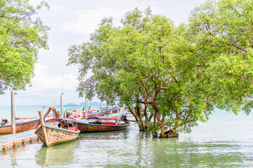 Wall Mural - Pier with traditional Thai wooden boats, sea view