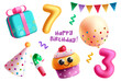 Birthday elements vector set design. Happy birthday text with colorful party decoration, objects and elements. Vector illustration collection of party objects.