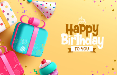 Happy birthday text vector design. Happy birthday greeting text with gift box, party hat and toy cartoon decoration. Vector illustration invitation card template. 