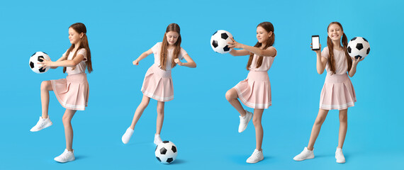 Wall Mural - Little girl with soccer ball and mobile phone on blue background