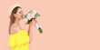 © Pixel-Shot - Beautiful young woman with bouquet of carnation flowers on color background. Banner for design