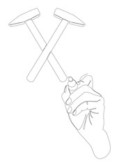 Poster - One continuous line of Hammer drawn by with felt tip pen. Thin Line Illustration vector Construction Industry concept. Contour Drawing Creative ideas.