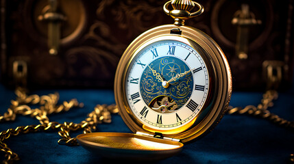 Wall Mural - A gleaming golden pocket watch with the hands pointing at midnight.
