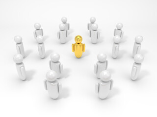 3d illustration of symbolic human figures surrounded one golden figure. suitable for business, custo
