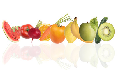 Canvas Print - Colourful banner of fruits and salad on white background.  Healthy food concept