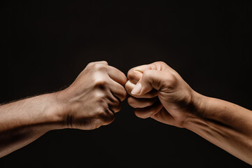 close up of a fist bump isolated on black background, hands and teamwork, support or collaboration for team building, solidarity or unity, hand connection, partnership or greeting
