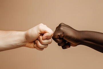 Wall Mural - close up of a fist bump isolated on beige background, hands and teamwork, support or collaboration for team building, solidarity or unity, hand connection, partnership or greeting