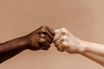 Wall Mural - close up of a fist bump isolated on beige background, hands and teamwork, support or collaboration for team building, solidarity or unity, hand connection, partnership or greeting