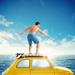 Wall Mural - Old yellow car with a surfing boy over the roof. 3D rendering