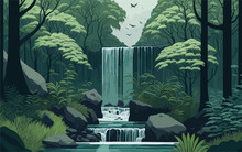 Tranquil Illustration A Serene Waterfall Nestled Within A Lush Forest. Depict The Waterfall Cascading Down Moss Covered Rocks, Surrounded By Verdant Foliage And Trees. Natural Beauty. For Nature