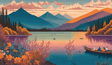 Illustration Of Tranquil Lakeside Scene. Depict A Serene Lake Surrounded By Majestic Mountains, With Colorful Wildflowers Dotting The Landscape. Travel Brochures, Nature Inspired Designs, Or