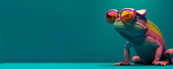 chameleon wearing sunglasses on a solid color background, vector art, digital art, faceted, minimal,