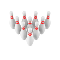 Wall Mural - Group of Bowling Pins Isolated on White Background without shadow. 3D rendering. 3d render. For logo, advertising, wallpaper, print etc. Perspective view