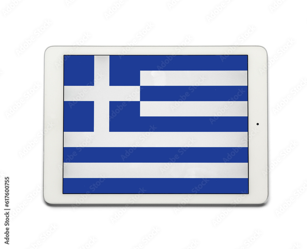 Tablet computer with flag of Greece isolated on white background
