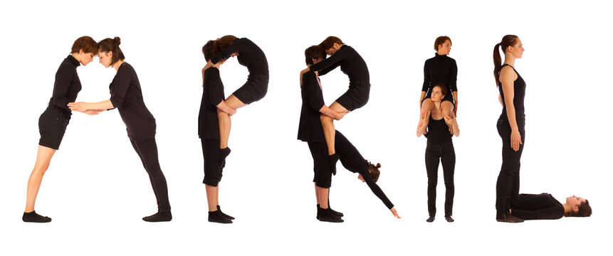 Black dressed people forming word APRIL on white background