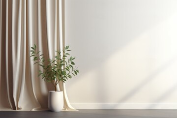 Wall Mural - Room Empty Background A Plant Mockup interior room with curtain an plant in front. clean white room minimal with copy space banner Generative AI