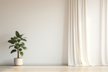 Wall Mural - Room Empty Background A Plant Mockup interior room with curtain an plant in front. clean white room minimal with copy space banner Generative AI