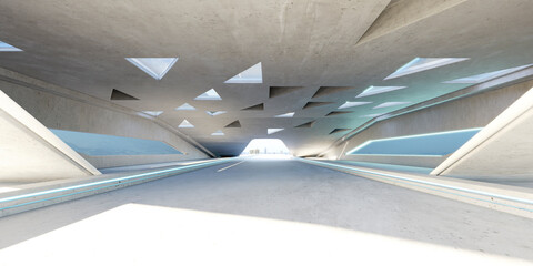 3D empty concrete floor and roof interior architecture with triangular element design