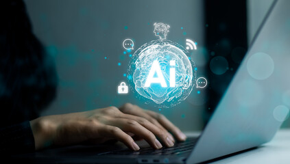Fototapete - AI technology. Woman using compter laptop connecting with artificial intelligence to chatting.