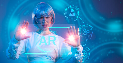 Fototapete - Cyber punk girl short hair silver color wearing ar glasses virtual scren blue neon background. AR technology.