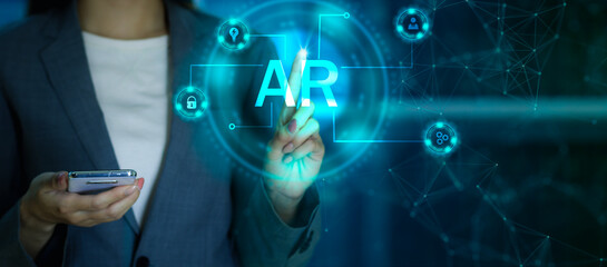 Poster - AR technology. Businesswoman using smartphone and touching on virtual screen Augmented reality icon blue color interface dark background.