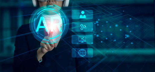 Poster - AR, augmented reality. Woman touching connecting AR blue icon dark background. Technology concept.