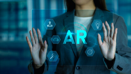 Fototapete - Businesswoman connecting with AR technology on virtual screen. augmented reality blue icons woman background.
