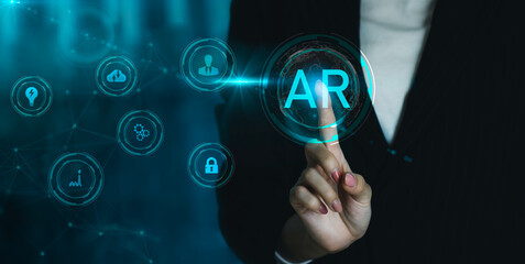 Fototapete - Business woman pointing on AR blue neon icon. Augmented reality technology. Futuristic Technology concept.