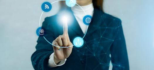 Fototapete - Businesswoman touching on blue icon virtual screen with blue interface background. Technology and business concept.