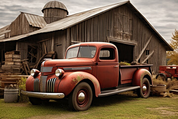 Illustration of an old farm truck in the country. Generative AI. 