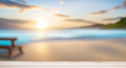 Wall Mural - Wooden table product with blurred beach background.