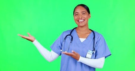 Sticker - Advertising, pointing and nurse in a studio with green screen for a promotion or marketing. Healthcare, happy and portrait of a female doctor with a presentation hand gesture by chroma key background