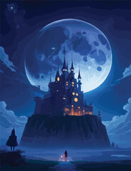 Canvas Print - halloween scary moon night background haunted house, with dark background, man sitting