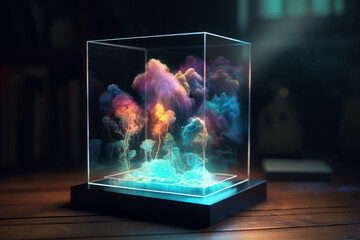 Wall Mural - glowing cube of water floating on colored waves, holographic ocean sky aquarium in transparent cube