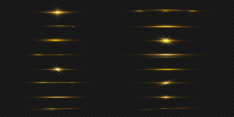 Poster - Gold line light glow with sparkle and flare shine. Horizontal golden neon streak effect isolated on transparent background. Magic flash laser strip divider with glitter shimmer design illustration