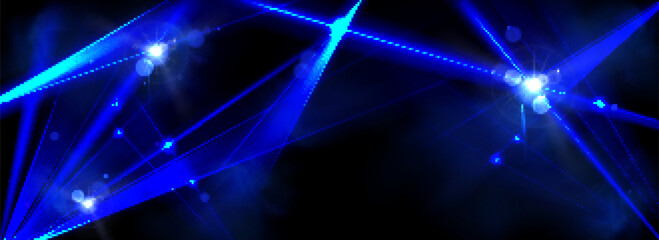 Wall Mural - Realistic blue laser light beams shining on dark background. Vector illustration of neon spotlight rays glowing in air with smoke effect, night club party, concert stage illumination, space battle