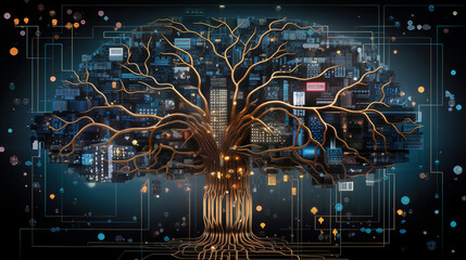 concept illustration of the intelligent AI brain, connected globally like the roots of a tree. Witness the power of communication and information in a futuristic network center