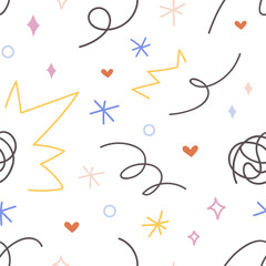 Aufkleber - Doodle pattern design. Abstract scribble background, endless texture. Hand-drawn squiggles, lines. Trendy childish repeating print. Colorful vector illustration for wallpaper, wrapping, textile