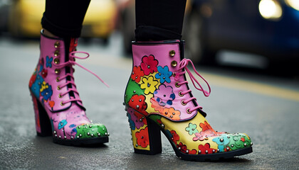 Poster - Vibrant colored shoes on wet pavement, walking in the city generated by AI