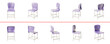 A set of chairs at different angles from the front, side and back on a white background. Purple plastic chair, 3d illustration, 3d image.