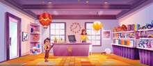 Toy Store Game Interior Vector Cartoon Background. Shelf In Shop With Kids Gift. Teddy Bear, Balloon, Books And Car For Child Present On Market Shelves In Sunny Day. Sunlight From Window Near Counter