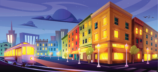 Wall Mural - Night city street cartoon vector shop building with urban skyscraper view. Isometric apartment illustration near tram in town with nobody in evening. Retro game architecture 2d graphic wallpaper