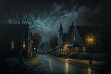 A Wide Shot Landscape Oil Painting Of Salem Village On A Rainy Dark Halloween Night Impasto Thick Brushstrokes Dark Color 