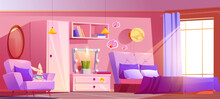 Pink Bedroom Interior With Furniture And Accessories. Vector Cartoon Illustration Of Light Girly Room In Pastel Colors, Large Bed, Toy Bunny On Armchair, Mirror Above Drawer, Wardrobe And Book Shelf